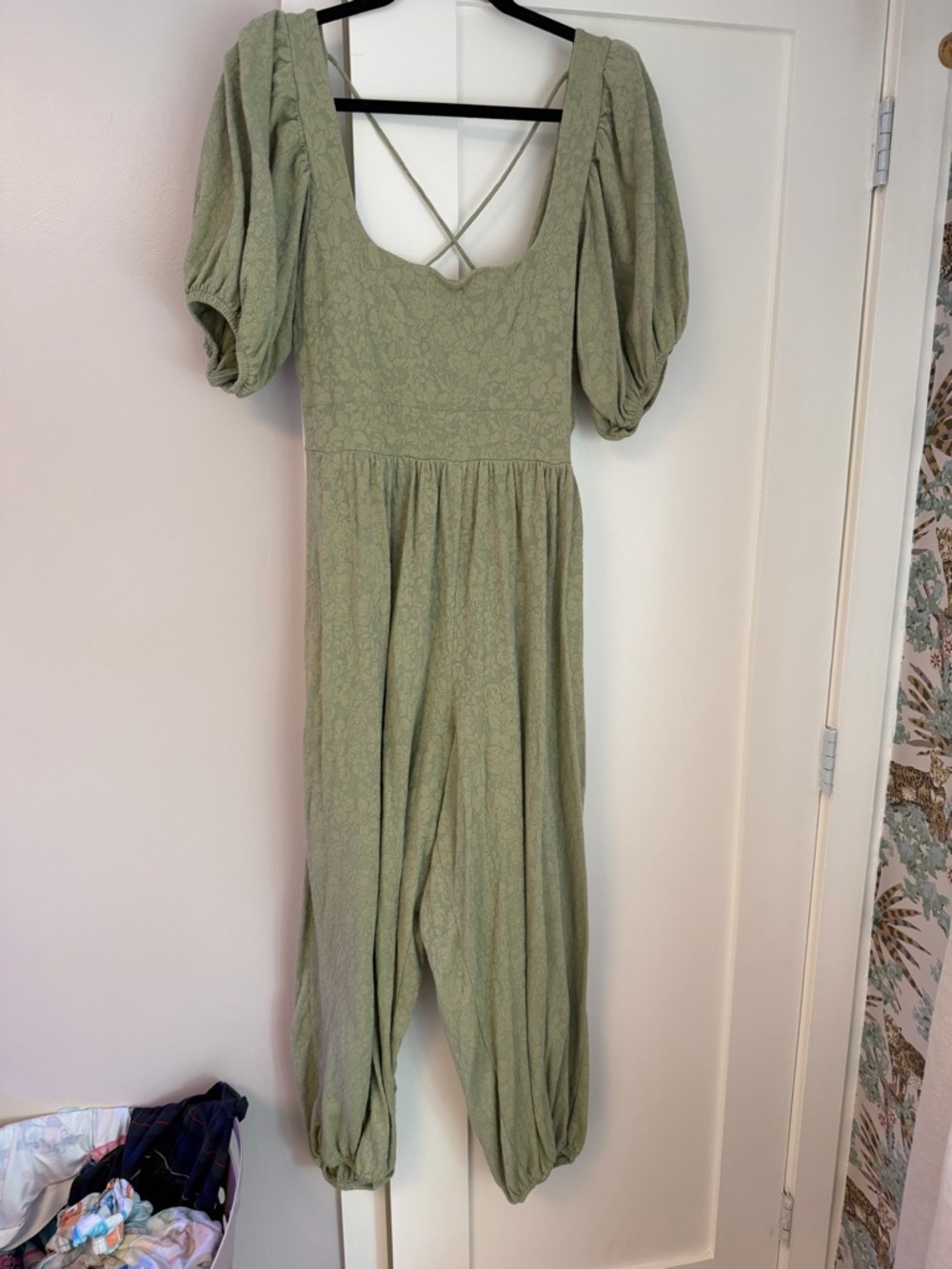 Free People Green Puff-Sleeve Jumpsuit with Scoop Back size xl